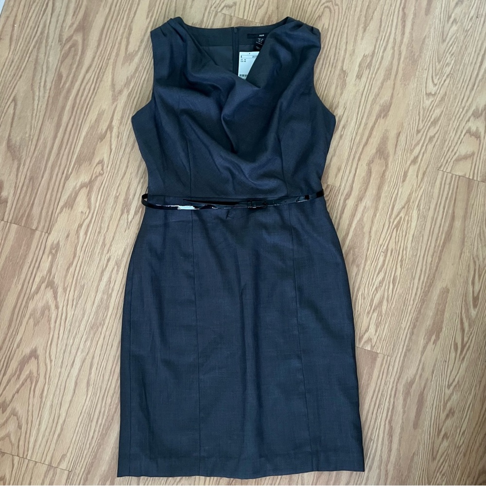NWT H&M Charcoal Gray Midi Dress with black belt accent women’s size 12